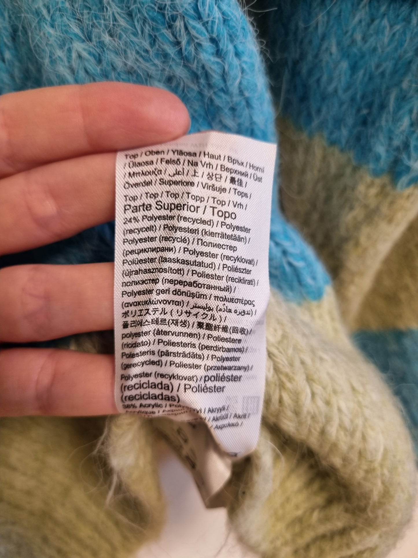 Blå og lysegrønn stripet genser - XS