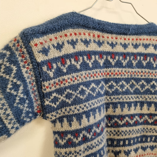 Blå håndstrikket ullgenser - ca. 98/104