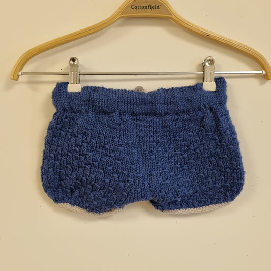 Blå håndstrikket ullshorts - ca. 86/92
