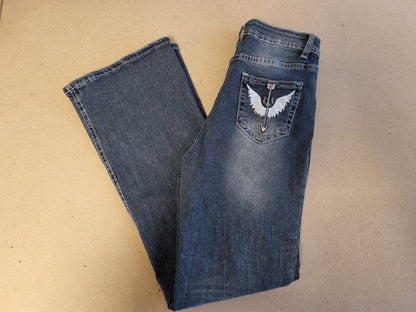 Y2K bootcut jeans med vingemotiv - S