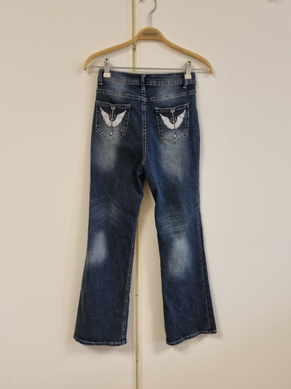 Y2K bootcut jeans med vingemotiv - S