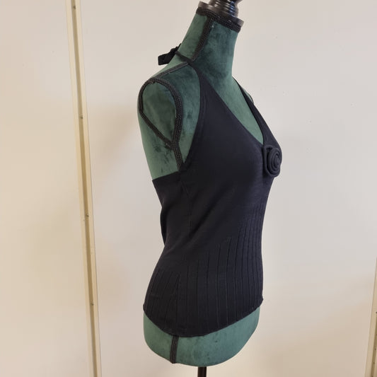 Vintage Y2K halterneck-topp med stoffrose – M