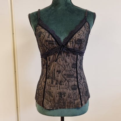 Vintage Y2K mesh-topp med blonder og print – S