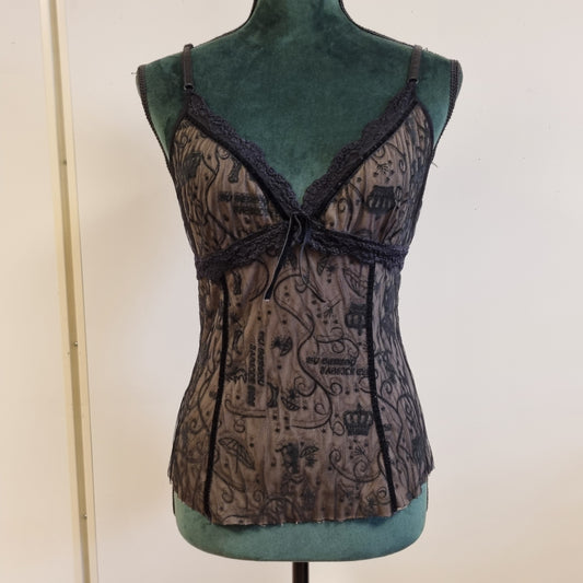 Vintage Y2K mesh-topp med blonder og print – S
