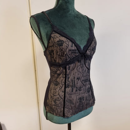 Vintage Y2K mesh-topp med blonder og print – S