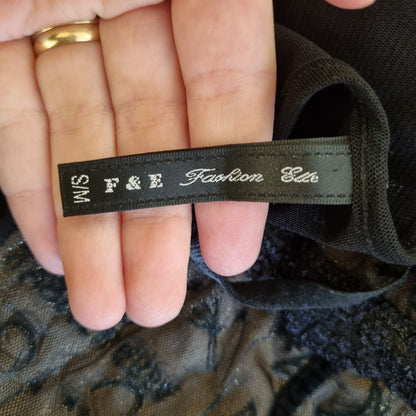 Vintage Y2K mesh-topp med blonder og print – S